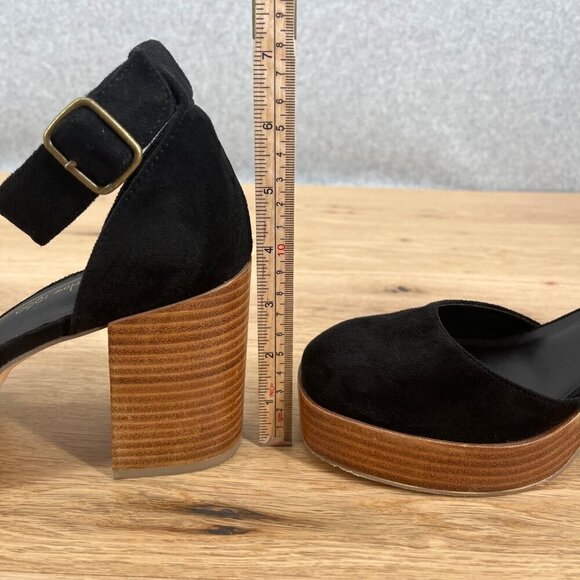 House of Harlow Tanner Platform Block Heels Size 9.5 Black Suede Wood Chunky EUC - Picture 9 of 14